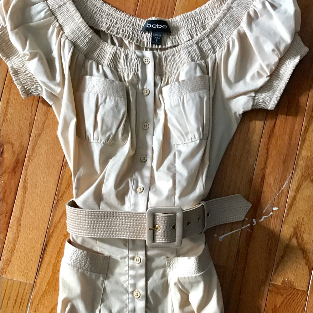 BEBE belted tan blouse size small
